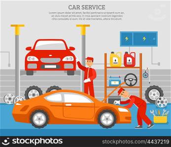 Mechanical Services Of Car . Mechanical services of car with repair of vehicles shelves with accumulator steering wheel machine oil vector illustration