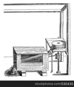 Mechanical sifter vsrs invented after 1552, vintage engraved illustration. Magasin Pittoresque 1852.
