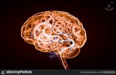 Mechanism inside human brain. Illustration of human brain with cogwheel mechanisms