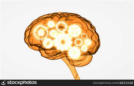 Mechanism inside human brain. Illustration of human brain with cogwheel mechanisms on white background