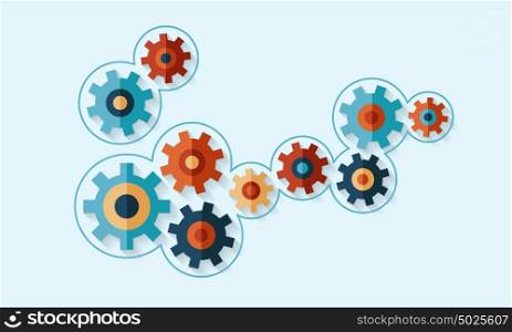 Mechanisms of interaction and collaboration. Flat design with gears as symbol of brainstorming and thinking