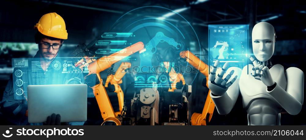 Mechanized industry robot and human worker working together in future factory . Concept of artificial intelligence for industrial revolution and automation manufacturing process .. Mechanized industry robot and human worker working together in future factory