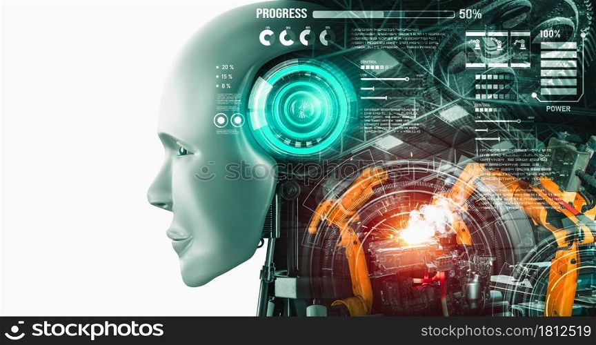 Mechanized industry robot and robotic arms double exposure image . Concept of artificial intelligence for industrial revolution and automation manufacturing process in future factory .. Mechanized industry robot and robotic arms double exposure image .