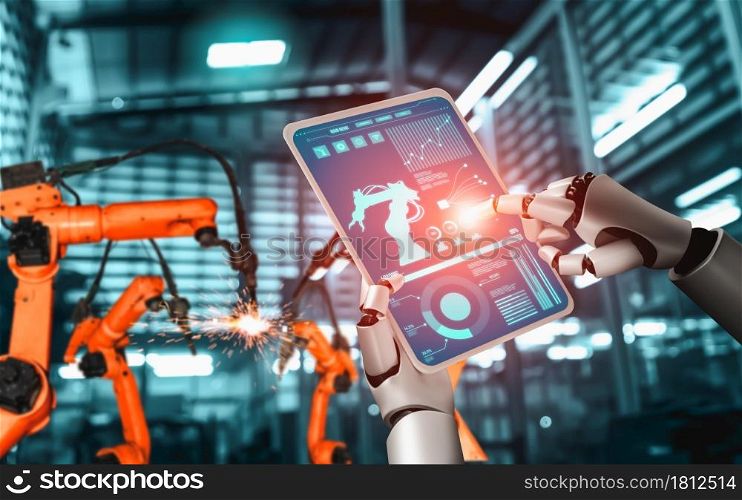Mechanized industry robot and robotic arms for assembly in factory production . Concept of artificial intelligence for industrial revolution and automation manufacturing process .. Mechanized industry robot and robotic arms for assembly in factory production .
