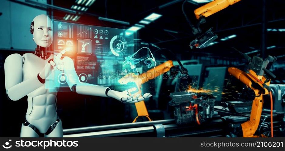 Mechanized industry robot and robotic arms for assembly in factory production . Concept of artificial intelligence for industrial revolution and automation manufacturing process .. Mechanized industry robot and robotic arms for assembly in factory production .