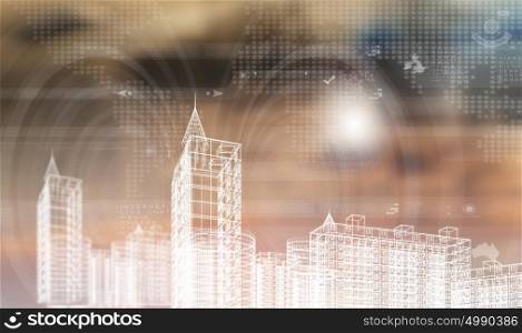 Media background. Media construction background with modern building model