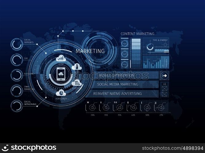 Media business background. Digital blue business background with marketing infographs