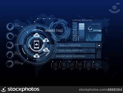 Media business background. Digital blue business background with marketing infographs