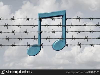 Media censorship concept and music restriction symbol as a musical note on a barb or barbed wire fence element as a metaphor for parental control or banning art or protecting digital rights to audio content control.