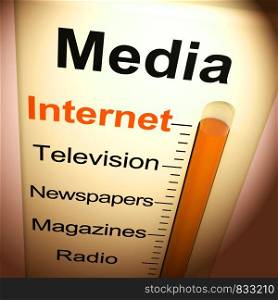 Media concept icon means communication and broadcasting through multimedia. Journalistic and newsworthy coverage - 3d illustration. Internet Media Gauge Shows Marketing Alternatives Like Television And Newspapers