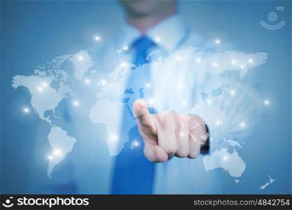 Media globalization. Chest view of businessman touching icon of media screen