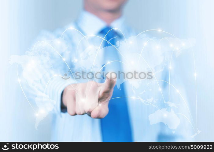 Media globalization. Chest view of businessman touching icon of media screen