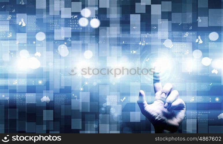 Media interface. Businessman hand pushing icon on touch screen interface