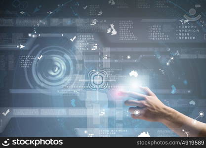 Media interface. Businessman hand pushing icon on touch screen interface