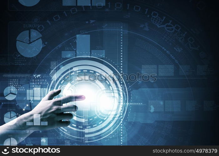 Media interface. Businessman hand pushing icon on touch screen interface