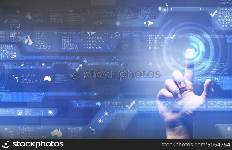 Media interface. Businessman hand pushing icon on touch screen interface