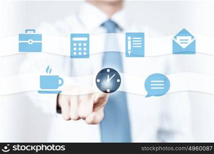 Media interface. Hand of businessman pressing button on virtual screen