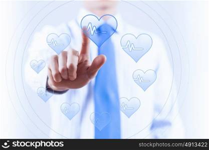 Media interface. Hand of businessman pressing icon on virtual screen