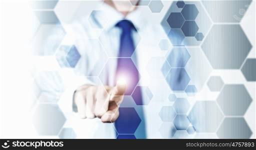 Media screen interface. Close up of businessman touching digital screen with finger