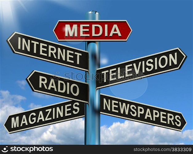 Media Signpost Showing Internet Television Newspapers Magazines And Radio. Media Signpost Shows Internet Television Newspapers Magazines And Radio