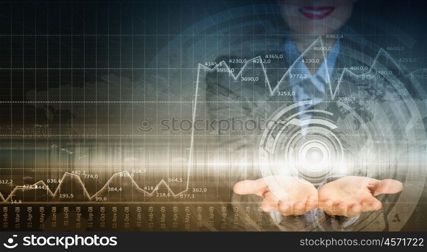 Media technologies. Close up of businesswoman hands presenting media concept