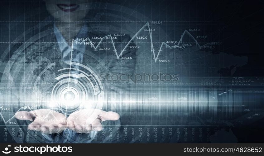 Media technologies. Close up of businesswoman hands presenting media concept