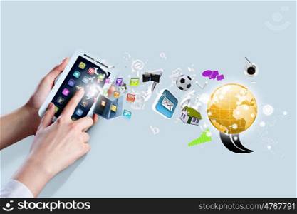 Media technologies. Close up of human hand holding smart phone