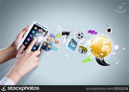 Media technologies. Close up of human hand holding smart phone