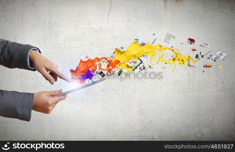 Media technologies. Close up of human hands holding tablet pc