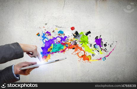 Media technologies. Close up of human hands holding tablet pc