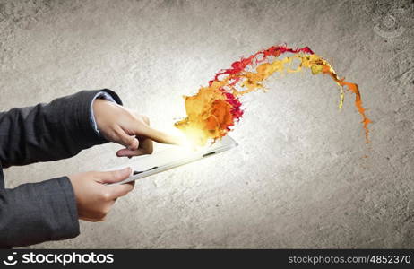 Media technologies. Close up of human hands holding tablet pc