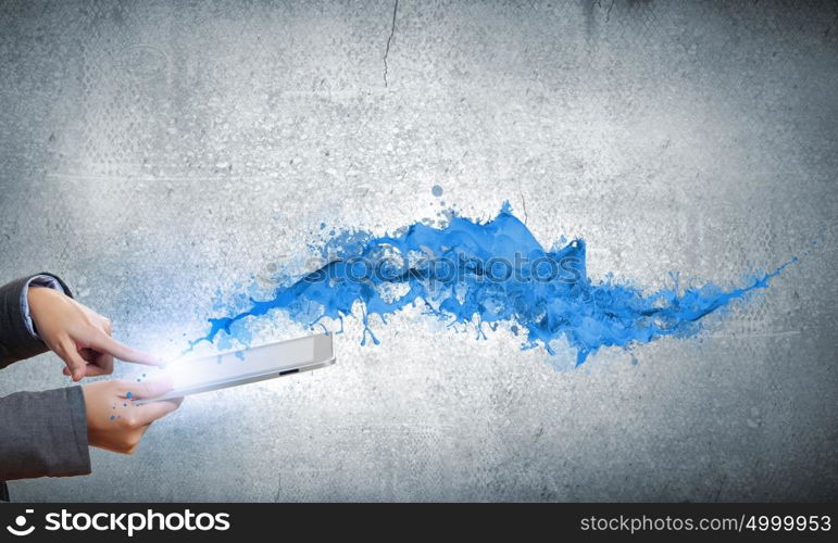 Media technologies. Close up of human hands holding tablet pc