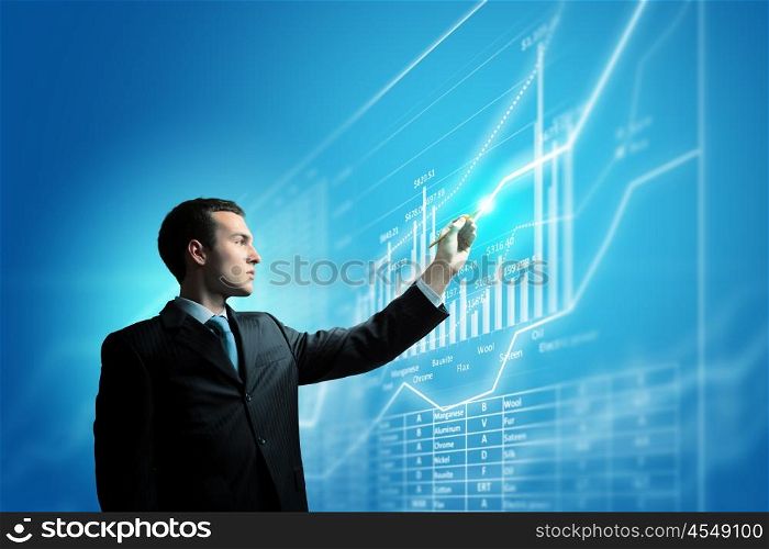 Media technologies. Image of businessman pressing icon of media screen. Innovations