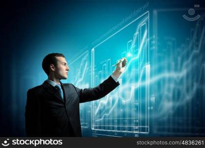 Media technologies. Image of businessman pressing icon of media screen. Innovations