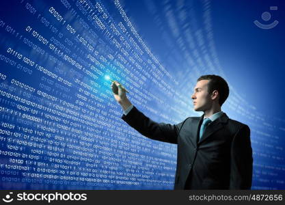 Media technologies. Image of businessman pressing icon of media screen. Innovations