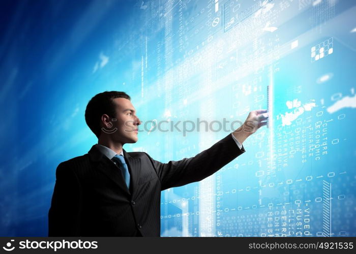 Media technologies. Image of businessman pressing icon of media screen. Innovations