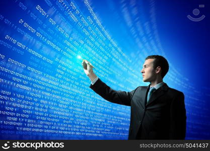 Media technologies. Image of businessman pressing icon of media screen. Innovations