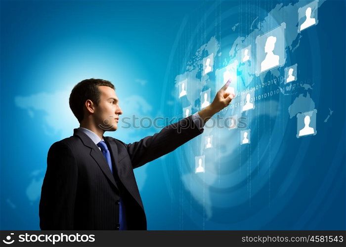 Media technologies. Image of businessman touching icon of media screen. Social nets