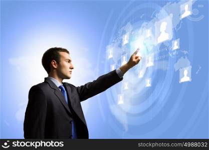 Media technologies. Image of businessman touching icon of media screen. Social nets
