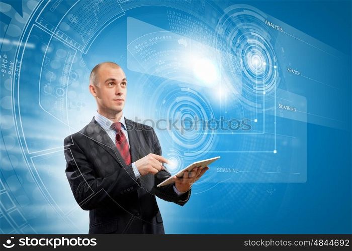 Media technologies. Image of businessman with tablet pc against media background