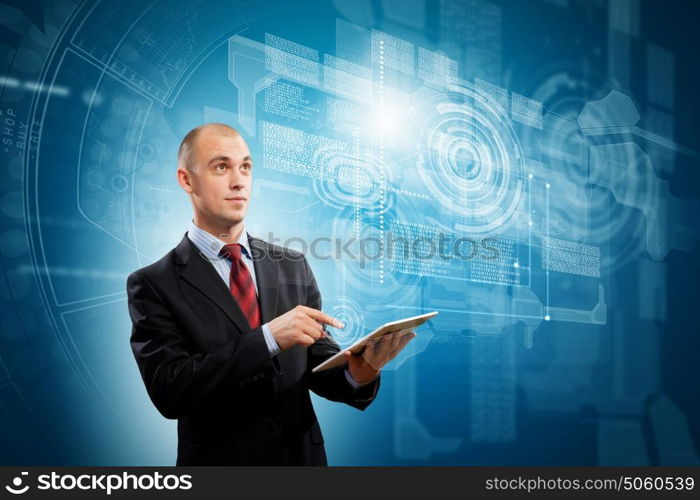 Media technologies. Image of businessman with tablet pc against media background