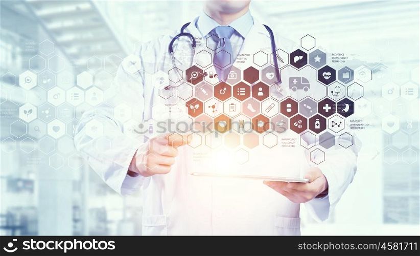 Media technologies in use. Medicine doctor working with modern digital tablet pc interface