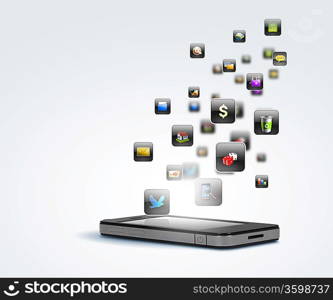 Media technology illustration with mobile phone and icons