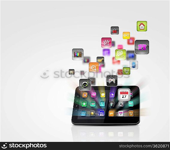 Media technology illustration with mobile phone and icons