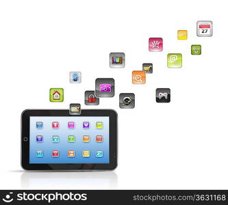 Media technology illustration with mobile phone and icons