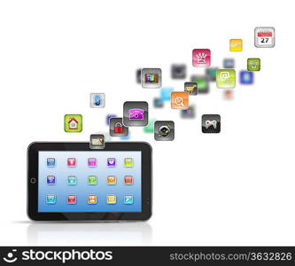 Media technology illustration with mobile phone and icons