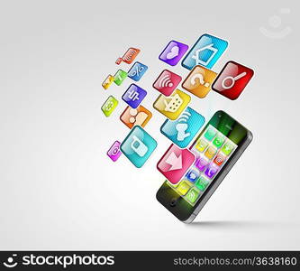 Media technology illustration with mobile phone and icons