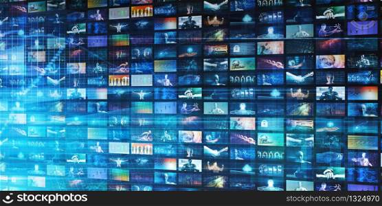 Media Telecommunications Concept with Video Wall Art. Media Telecommunications