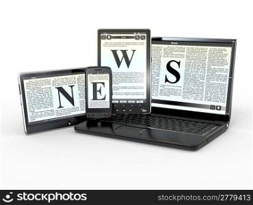 Media. Text NEWS on screen of laptop, tablet, pv and phone. 3d