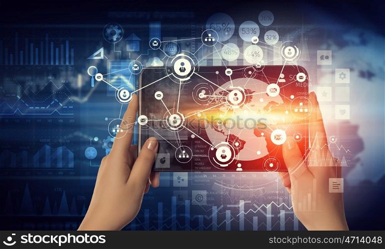 Media user interface. Hand holding smartphone on user display background